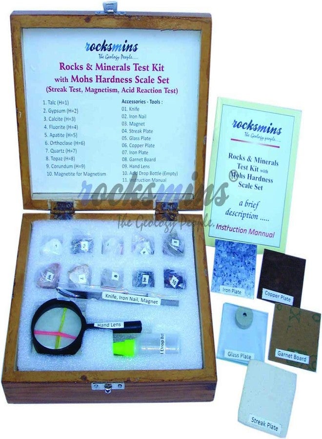 Rocksmins Rocks & Minerals Test Kit in Wooden Box with Mohs Hardness Scale Set 9 Specimens for Mohs Hardness 1 Specimen for Magnetism Test 10 Accessories for Testing of Minerals Instruction Manual - Image 5